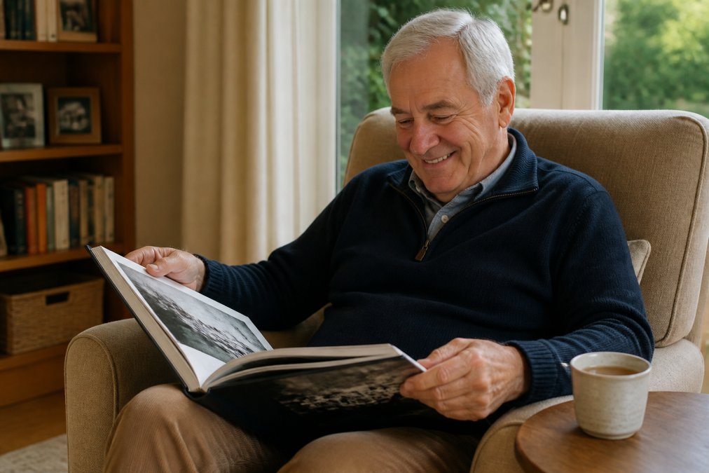 An older man sitting in a comfortable armchair, smiling as he flips through a large photo book filled with black-and-white images, a cup of tea on the side table beside him