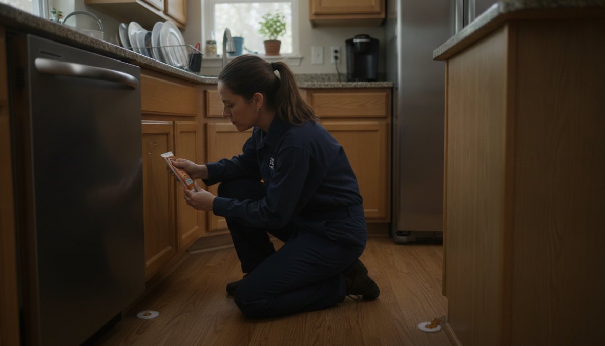 Close-up of a syringe applicator placing gel bait into a dark crack behind a kitchen baseboards near the countertop edge, showing precise gel dots in the crevice