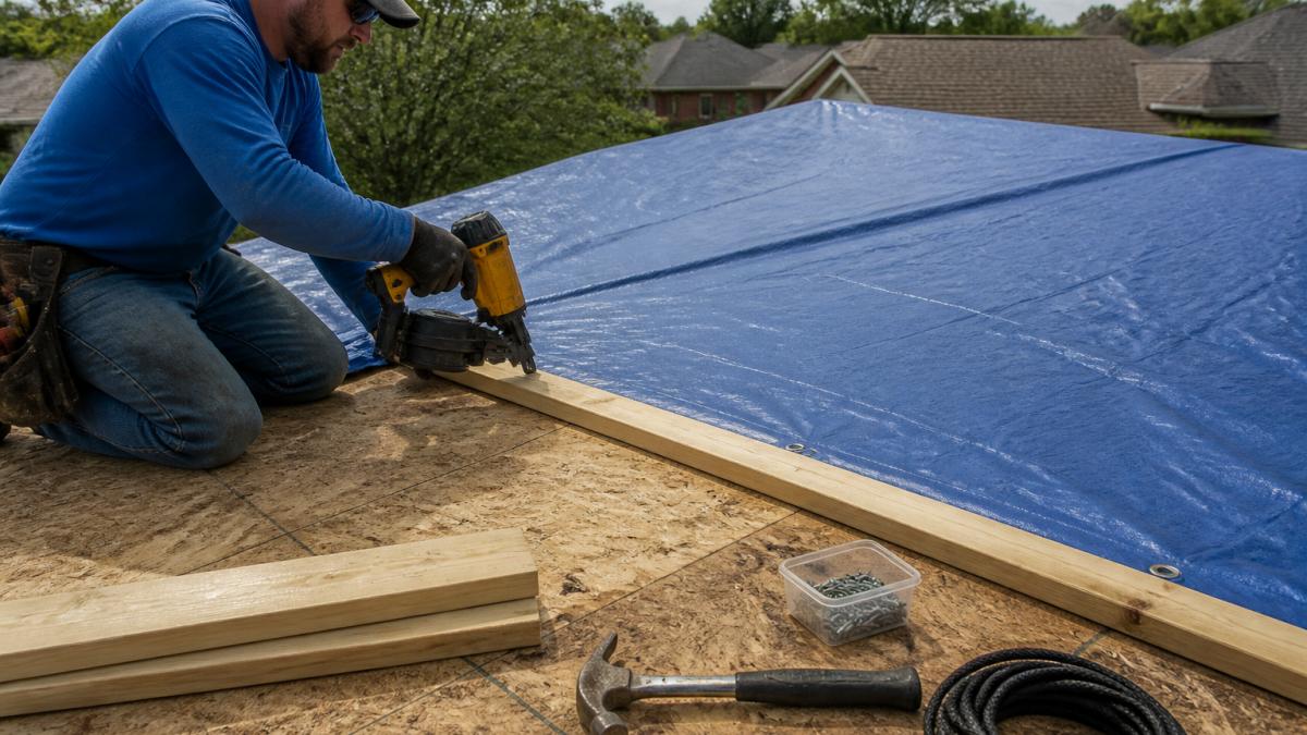 Professional securing a tarp with 2x4 boards and cap nails using durable roof tarping materials on a damaged roof.