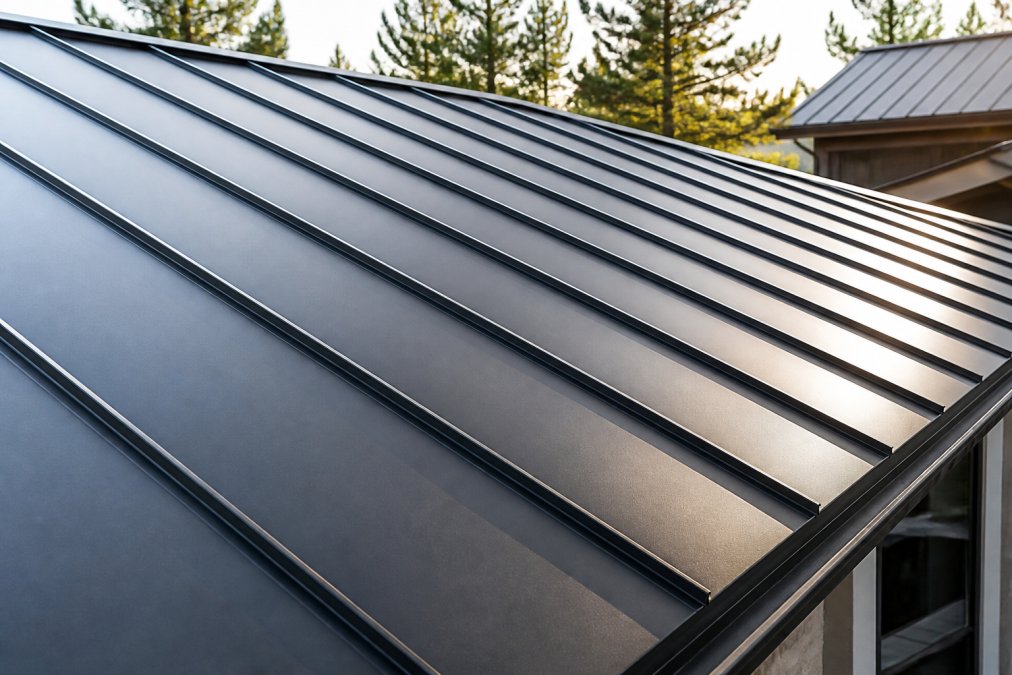 Close-up of standing seam metal roofing panels installed on residential home, showing interlocked seams and concealed fasteners with afternoon sunlight highlighting panel edges