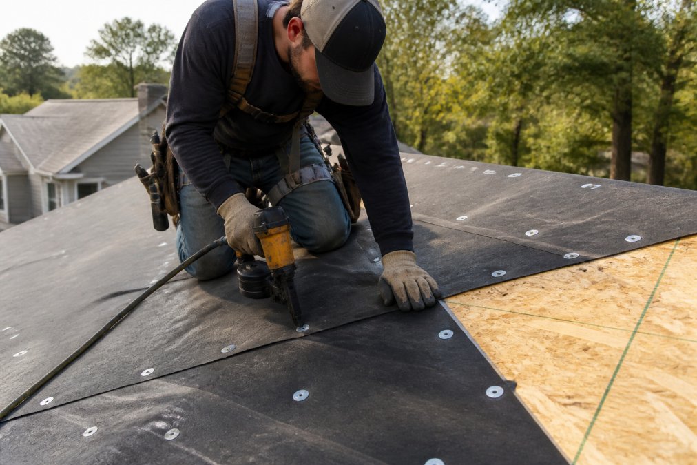 Professional roofer installing underlayment and fasteners on roof sheathing, demonstrating proper fastener placement and spacing with safety harness visible, afternoon lighting showing detail of work