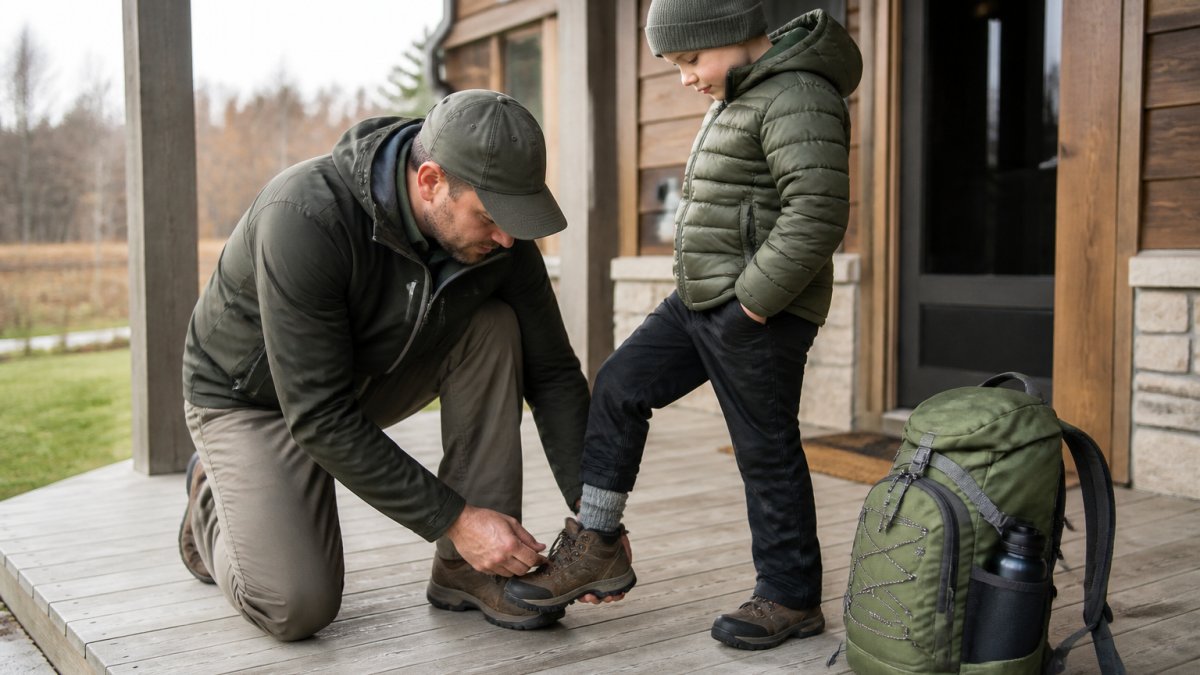 Parent checking the fit of a child’s hiking boot by pressing the toe area