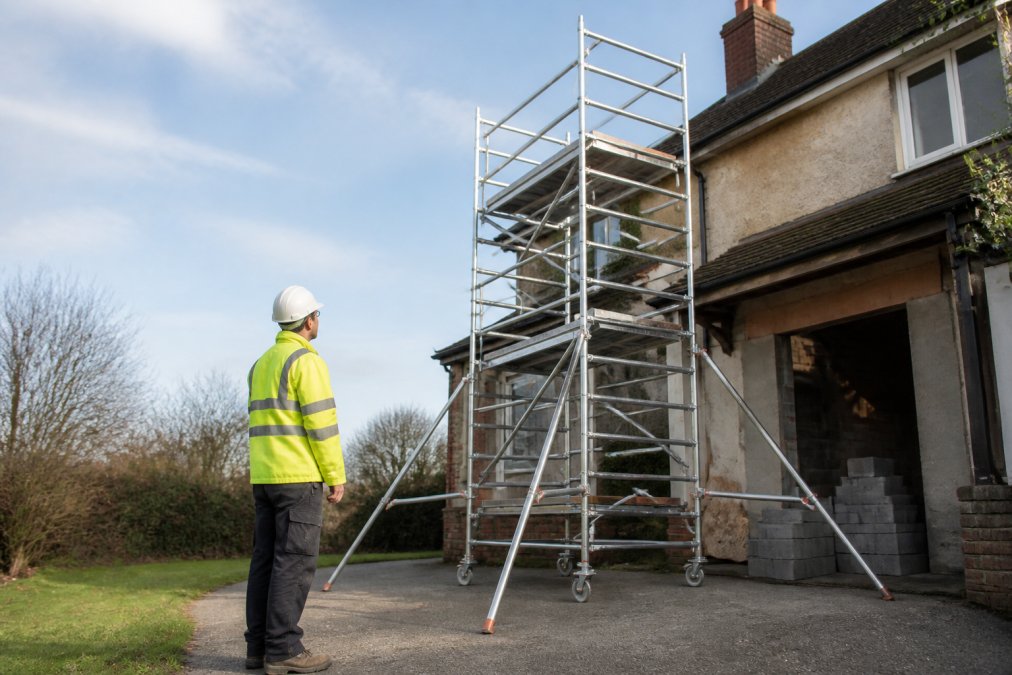 A professional contractor in high-visibility clothing and a hard hat inspecting a fully assembled aluminium scaffold tower on a residential construction site, with stabilisers and guardrails visibly attached, natural daylight