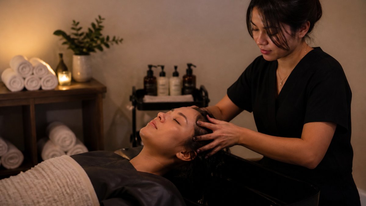 Stylist performing a relaxing massage during professional scalp treatments in a serene Japanese head spa room