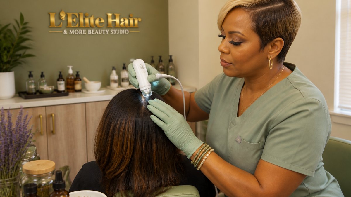 Trichologist performing microscopy scalp analysis to determine custom scalp treatments in a studio setting