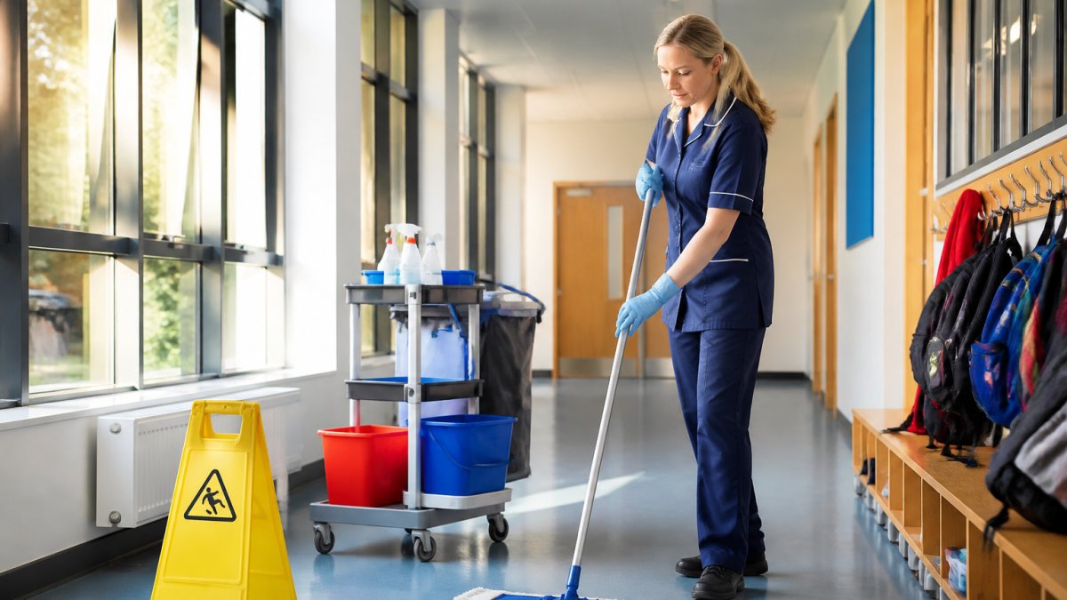 Professional cleaning operative in uniform and protective equipment working in a school corridor with cleaning equipment and supplies visible, natural morning light through large windows
