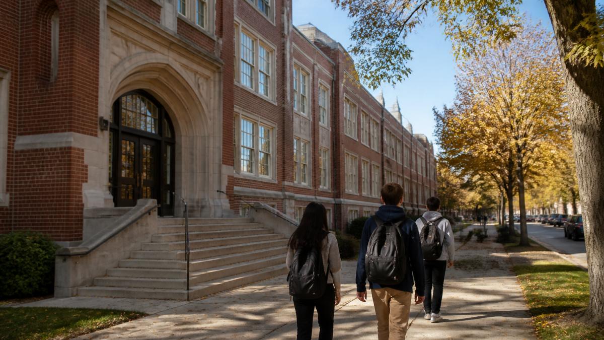 Students walking into a historic brick high school building in the Glebe, with trees lining the street and a clear blue sky