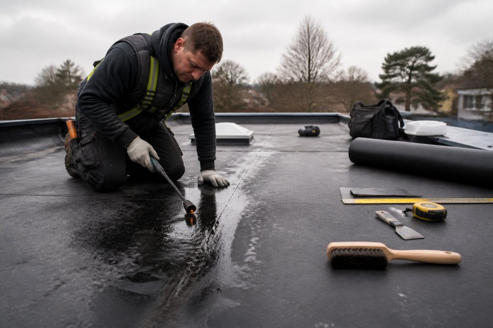 Roofer in a safety harness inspecting a water-stained flat roof seam to determine the 5 best sealants for leaking roofs