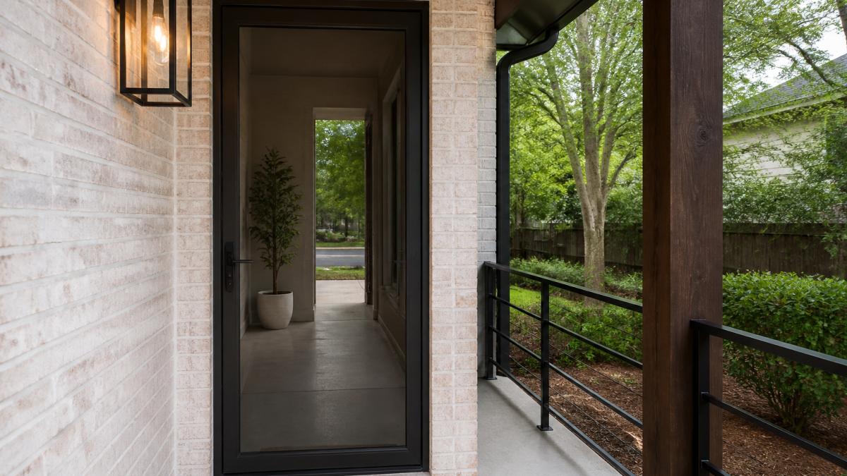 Diagram of 5 best security screen door designs for modern homes highlighting the minimalist full-view mesh features.