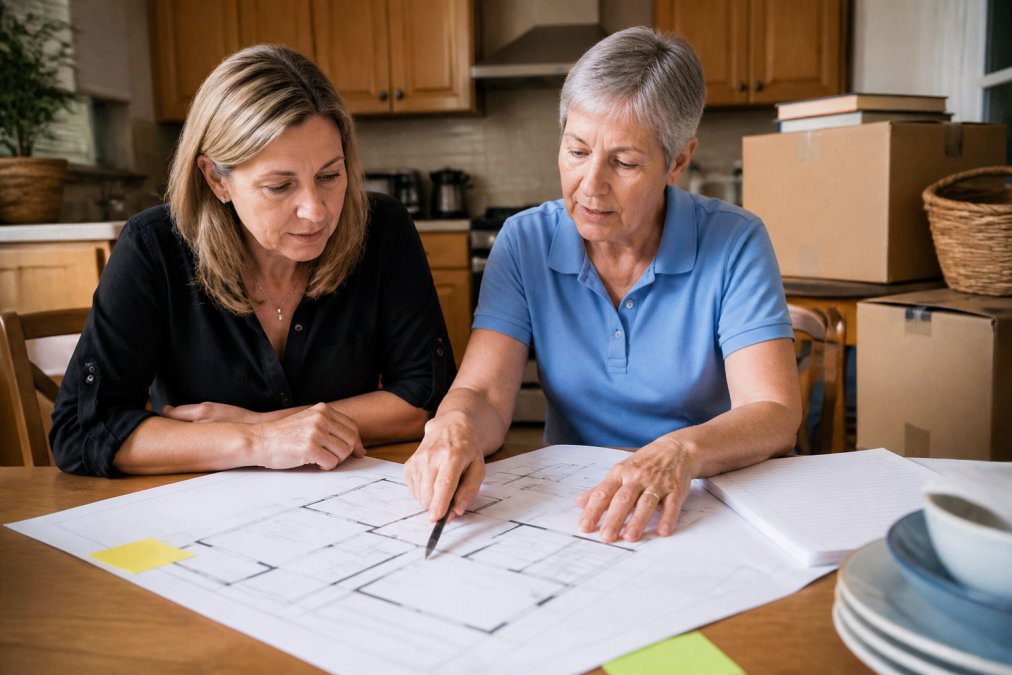 Process diagram for senior move management showing family planning with floor plans and inventory lists
