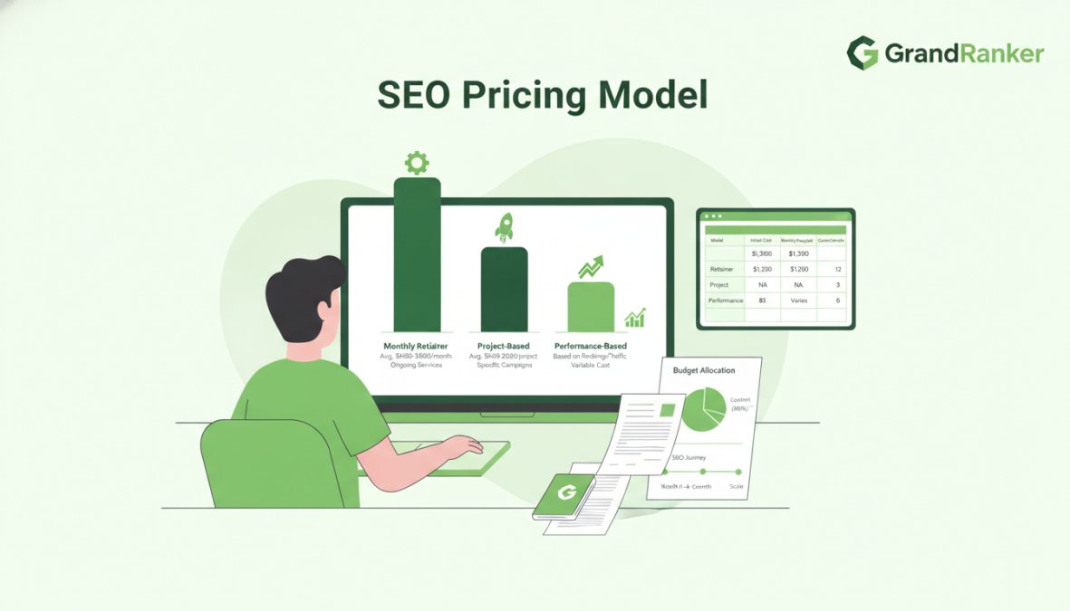 Small business owner comparing SEO pricing models and contract terms on laptop at desk with spreadsheet and documents