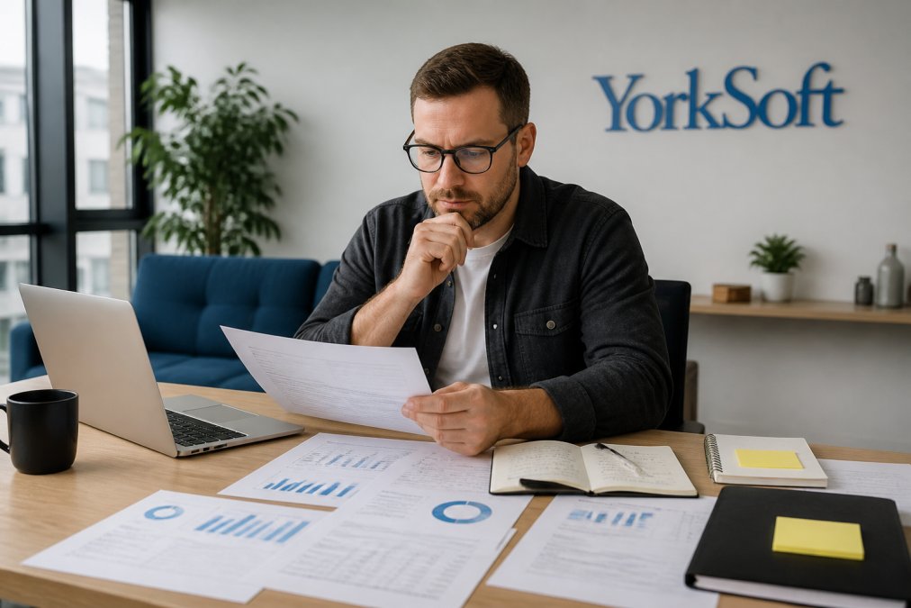Small business owner reviewing SEO audit results and analytics dashboard on laptop with strategy documents and notes spread across desk in modern office setting