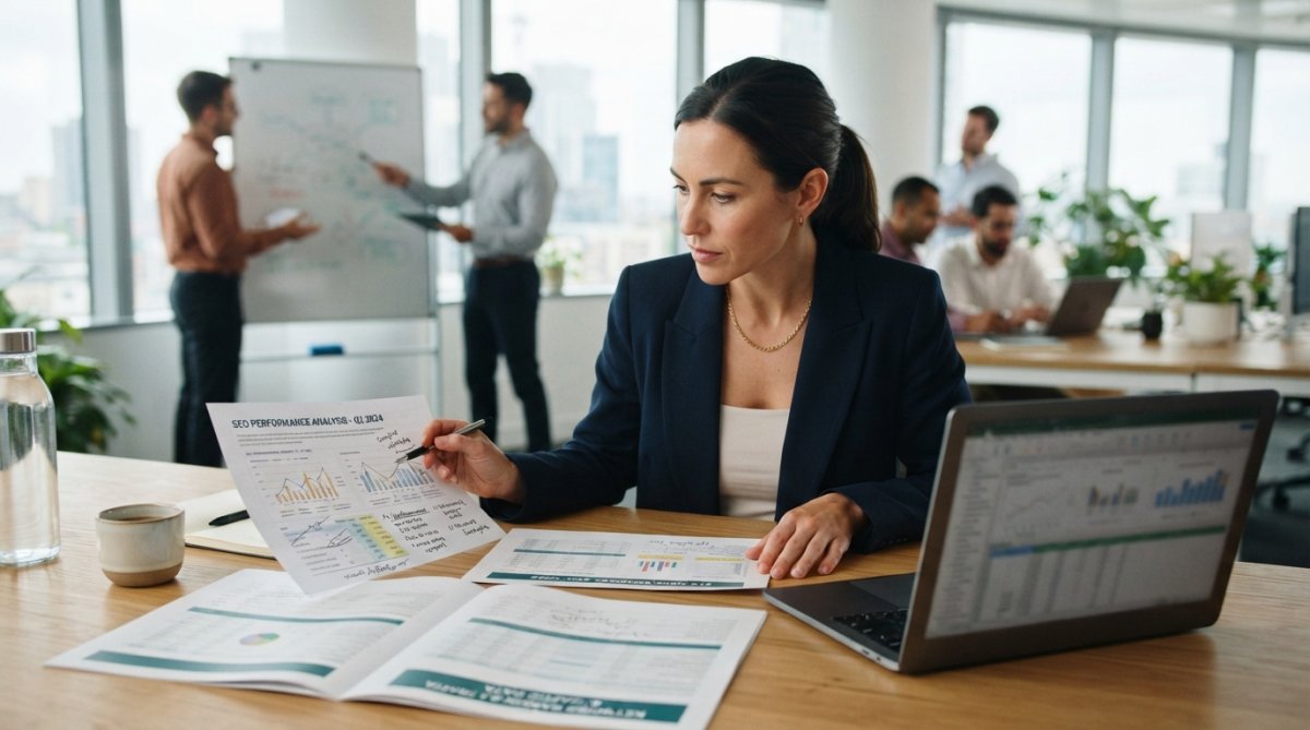 Marketing manager reviewing SEO analytics dashboard on laptop with team members collaborating in background of modern office with natural lighting