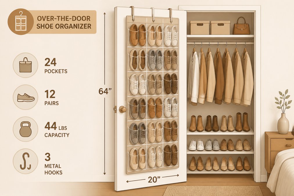 Small bedroom closet with an over-the-door organizer installed showing multiple pairs of shoes neatly arranged in clear pockets, with the closet door partially open revealing an organized footwear collection