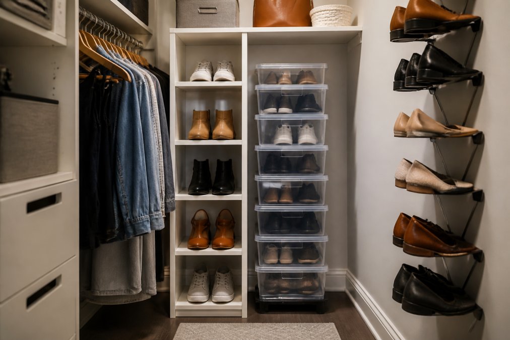 Organized small closet with various shoe storage solutions in use together including vertical shelving, stackable containers, and wall-mounted racks, demonstrating efficient space use and proper footwear organization