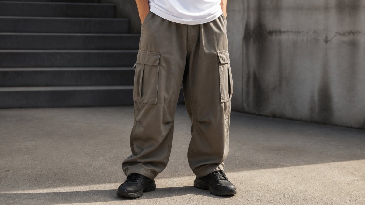 Man wearing oversized cargo pants with black street sneakers, standing casually in natural light, showing full outfit from waist down