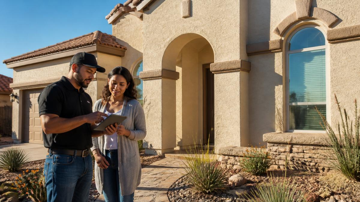 A stucco-clad Southwestern home exterior in El Paso with a clean, textured finish, bright sunlight, and desert landscaping in the foreground