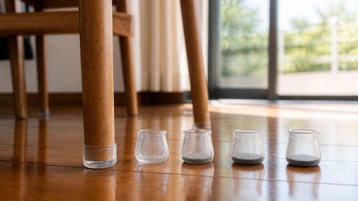 Clear silicone cap fitted on a wooden chair leg resting on a polished timber floor in a bright home