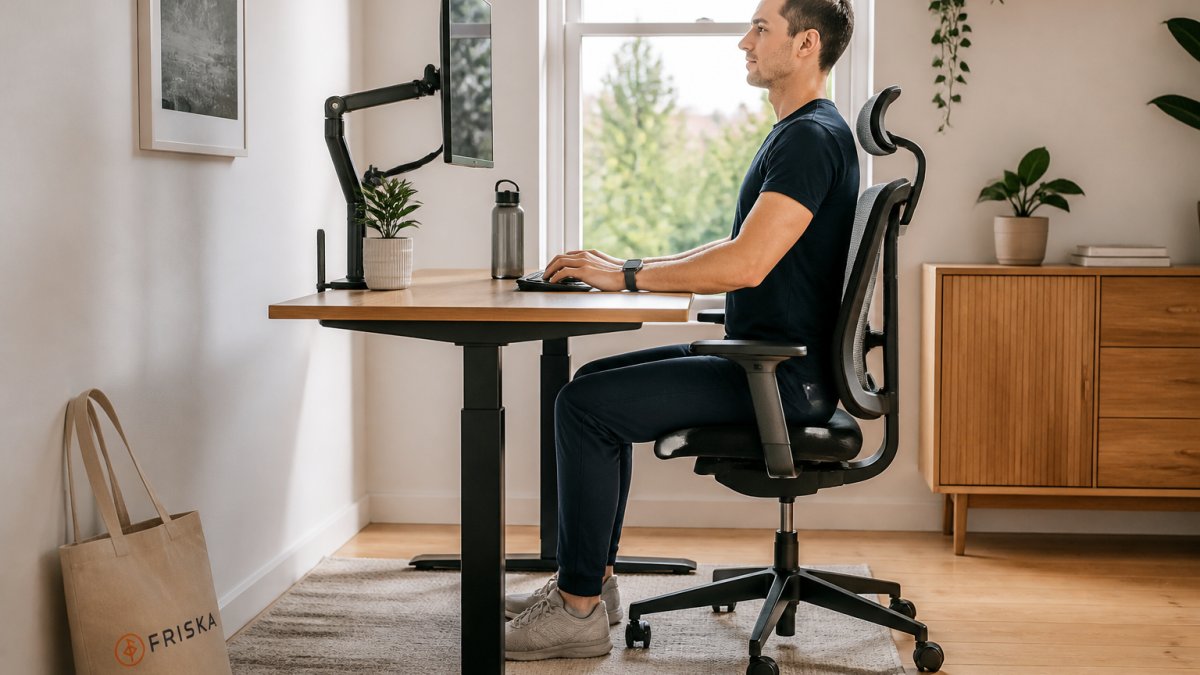 A person sitting at a wooden sit stand desk in a bright home office, elbows at 90 degrees and feet flat on the floor, with a monitor raised to eye level