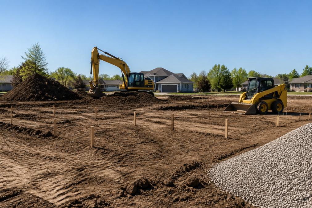 An excavator and skid steer working on a residential lot with a surveyed building pad, piles of topsoil and gravel, and wooden stakes marking the foundation footprint under a clear sky