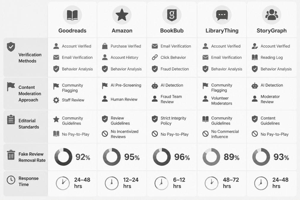 Comparison matrix showing verification methods, content moderation approach, and editorial standards across 5 major review platforms with specific data points on fake review removal rates and response times