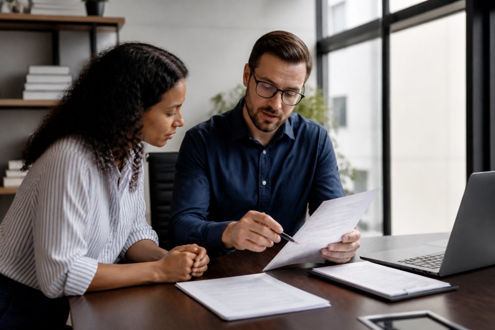A small business owner reviewing insurance documents with a licensed advisor at a desk, laptop open to a quote comparison screen, natural light in a modern office