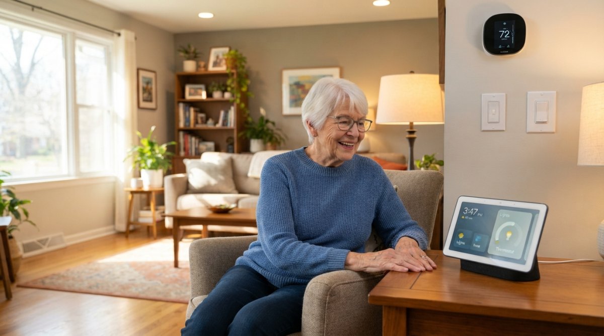 Older adult using voice commands on a smart display in a bright, accessible home environment with visible smart devices like lighting and thermostat controls