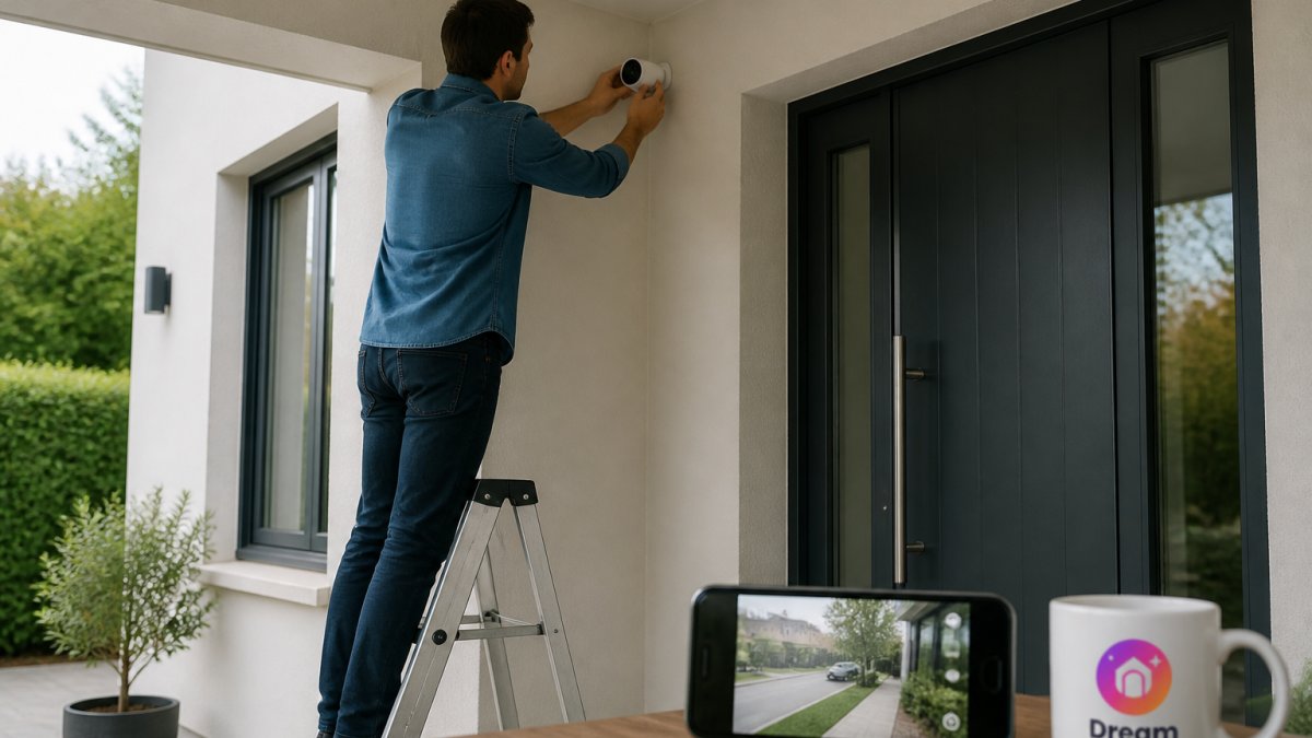 Diagram showing the step-by-step process of mounting a wireless security camera near an entryway for coverage