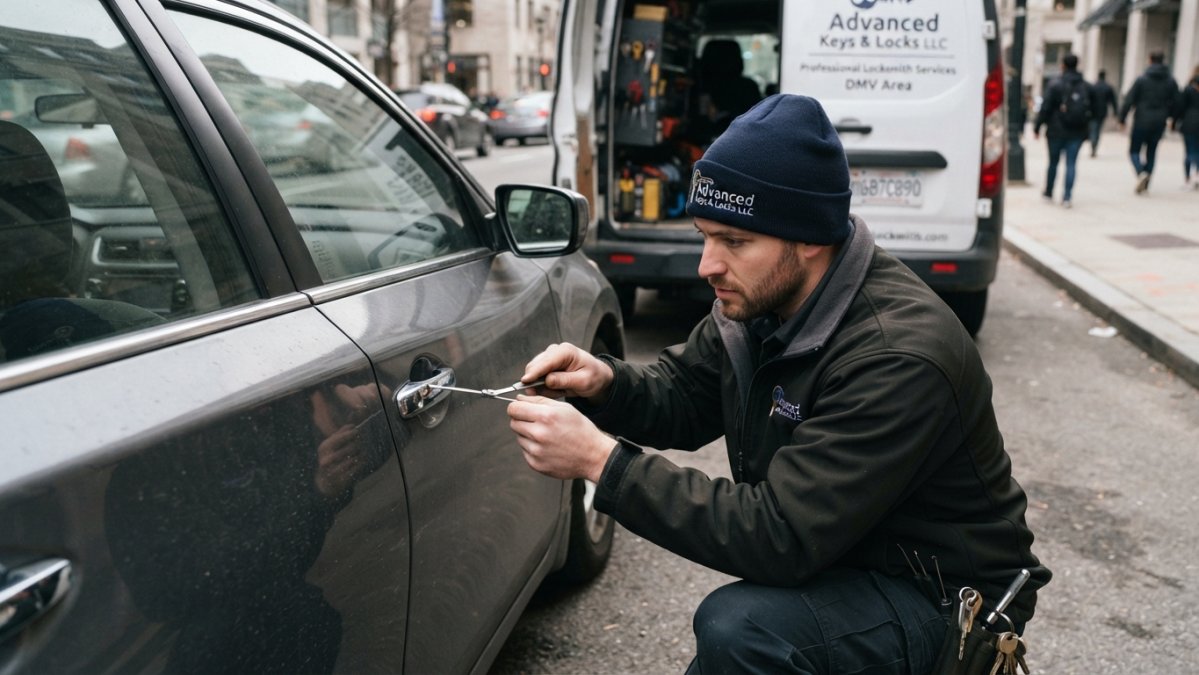 A renter installing a retrofit smart lock on an apartment door using a screwdriver, with the original deadbolt visible and a phone showing the app nearby