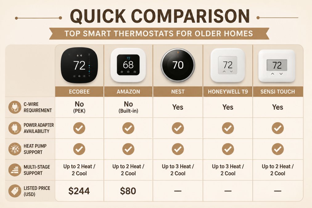 Comparison chart of features and pricing for five popular smart thermostats for older homes