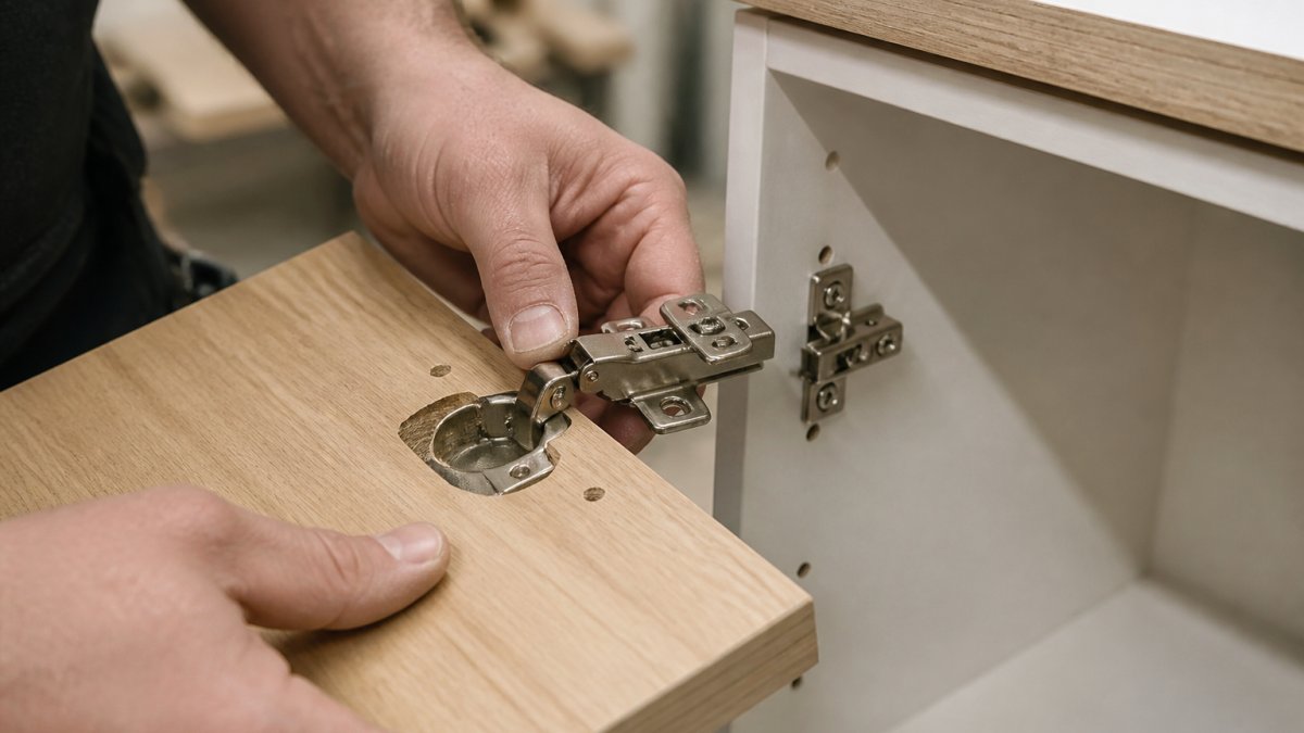Professional tradesperson's hands installing a soft close hinge into a cabinet door, showing the cup hole, mounting plate alignment, and adjustment screws in natural workshop lighting