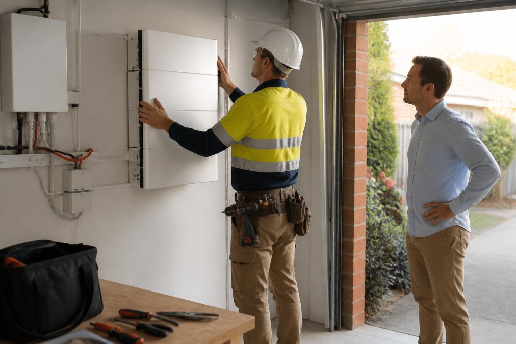 A CEC-accredited solar installer in safety gear mounting a sleek lithium battery unit on a garage wall while a homeowner watches, clipboard and tools nearby