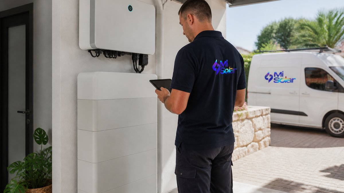A sleek hybrid solar inverter and battery unit mounted on a white garage wall, with a technician in a branded uniform checking the display using a tablet, natural daylight streaming in