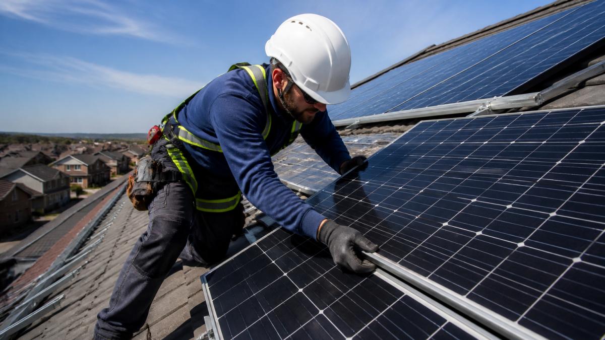 Installer in safety gear mounting a high-efficiency unit from top solar panel brands on a residential roof