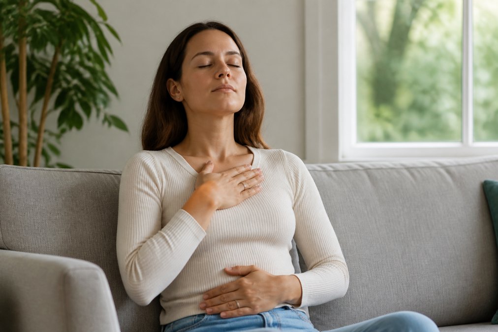 Person sitting comfortably on a couch in a calm, naturally lit room with eyes closed and hand on chest, demonstrating proper diaphragmatic breathing posture
