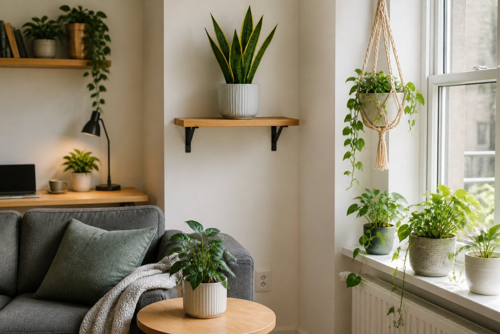 A bright small flat living room with trailing plants arranged on a windowsill, a floating wooden shelf holding a snake plant, and a hanging macrame planter by the window, soft natural daylight