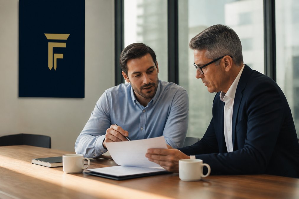 A financial advisor and a business owner reviewing documents and discussing financing options in a modern office setting, with a laptop and coffee cups on the desk