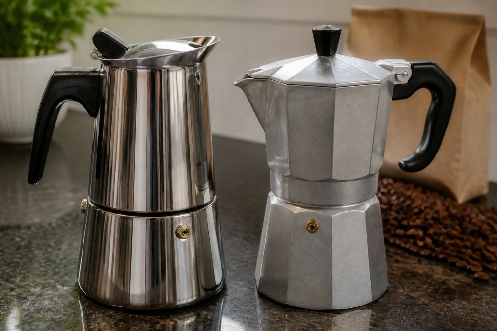 A side-by-side close-up of two moka pots on a kitchen counter, one polished stainless steel with a mirror finish and one matte aluminum, under warm natural light with a bag of whole coffee beans blurred in the background