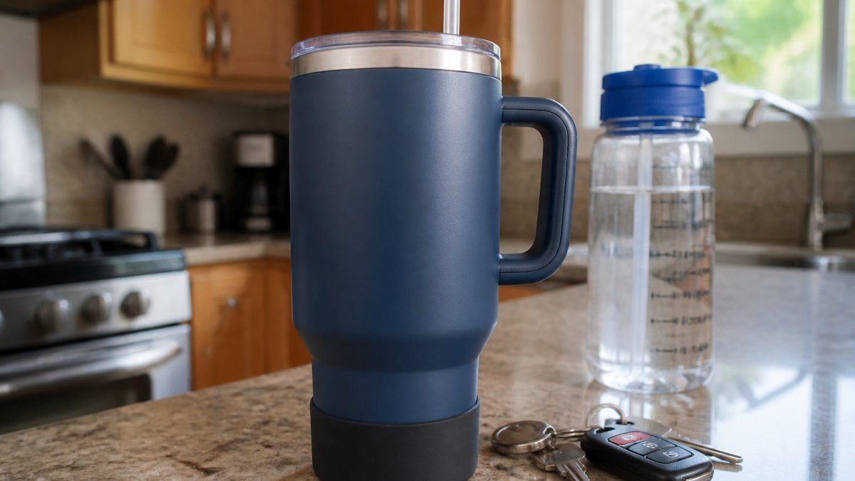 Protective silicone boot fitted on the base of a large insulated tumbler sitting on a kitchen counter