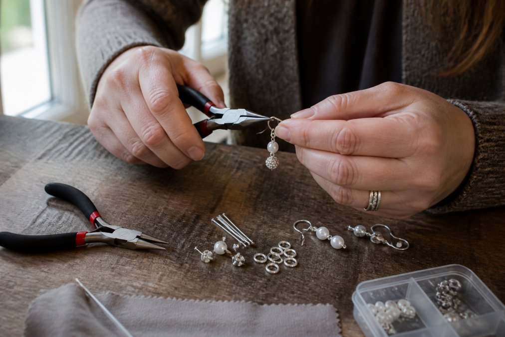 Step-by-step process of assembling jewelry for the 5 best sterling silver earring making kits using pliers and posts.