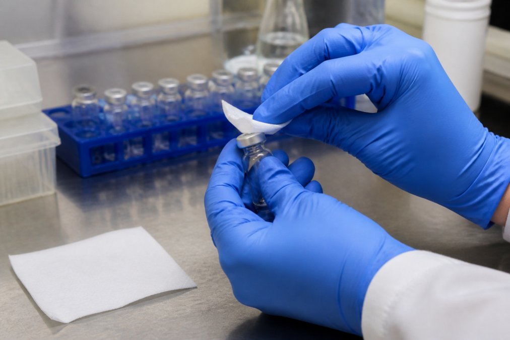 Researcher's gloved hands using sterile technique to clean a peptide vial stopper with an alcohol prep pad at a laboratory bench, showing proper aseptic handling and lighting