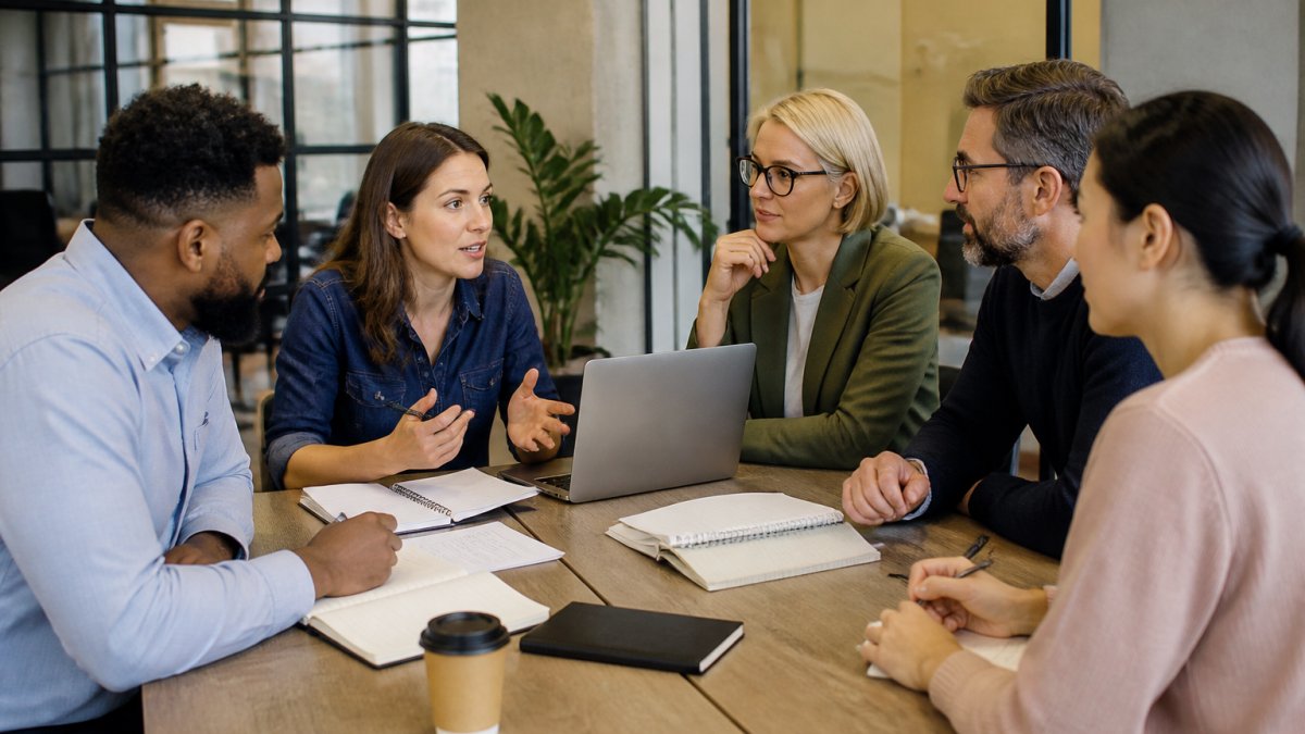 Diverse team of small business leaders and managers gathered around a table in a modern office, actively discussing strategy with notepads and laptops visible, engaged and focused