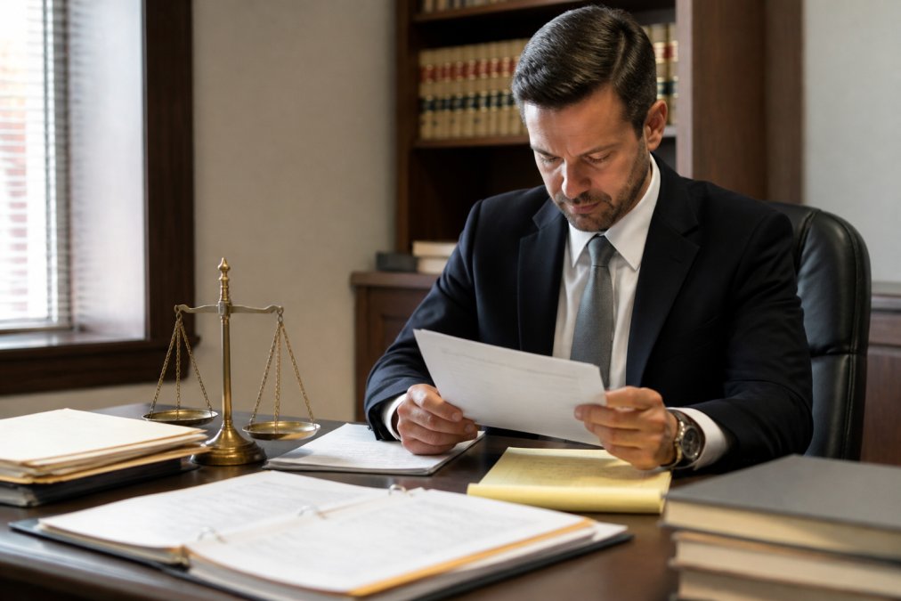 Defense attorney in business attire reviewing case notes and witness statements at a desk in a law office, with documents and a laptop visible
