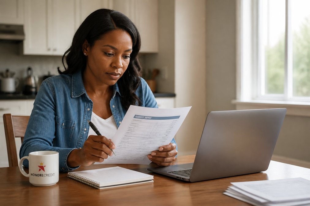A person sitting at a kitchen table reviewing a printed credit report on a laptop screen, pen and notepad beside a coffee mug, soft morning light through a window