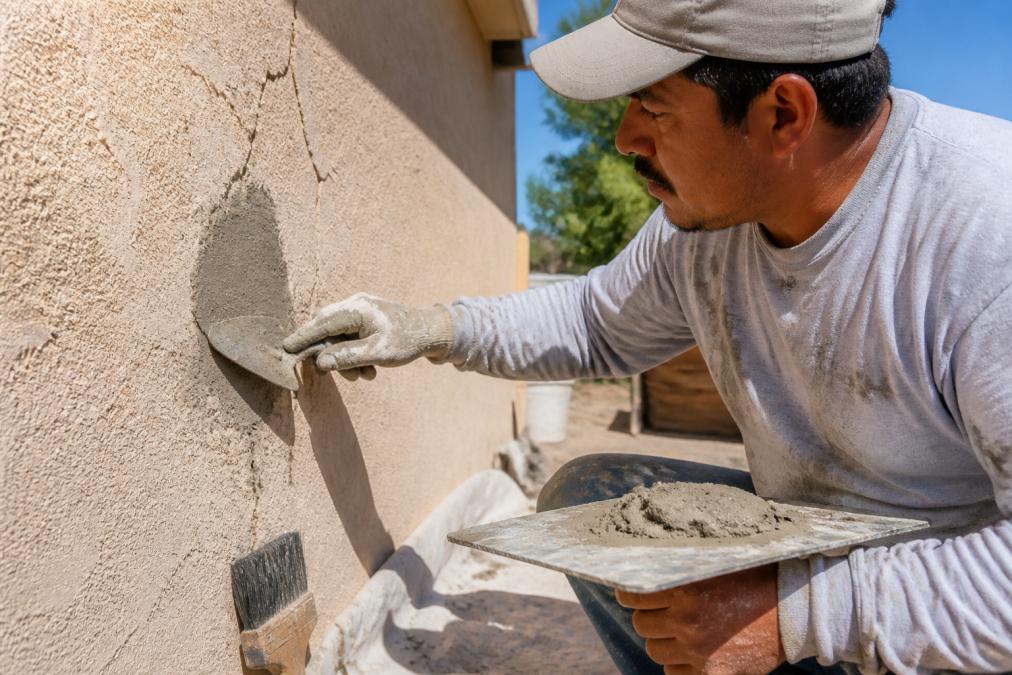 Close-up of a worker's hands applying stucco patch to a cracked exterior wall with a trowel, textured finish visible, repair tools resting nearby in bright afternoon sunlight