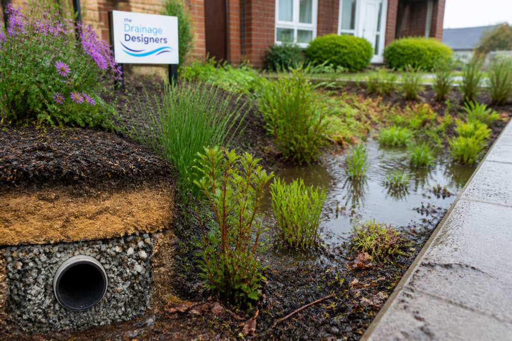 Close-up of a planted rain garden in a residential setting showing native plants and water retention area after recent rainfall, with visible soil layers and drainage infrastructure