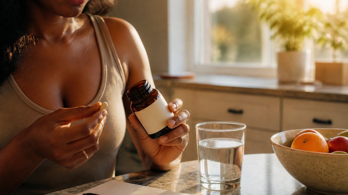 Hands holding a supplement bottle for metabolic support next to a notebook and water on a kitchen counter
