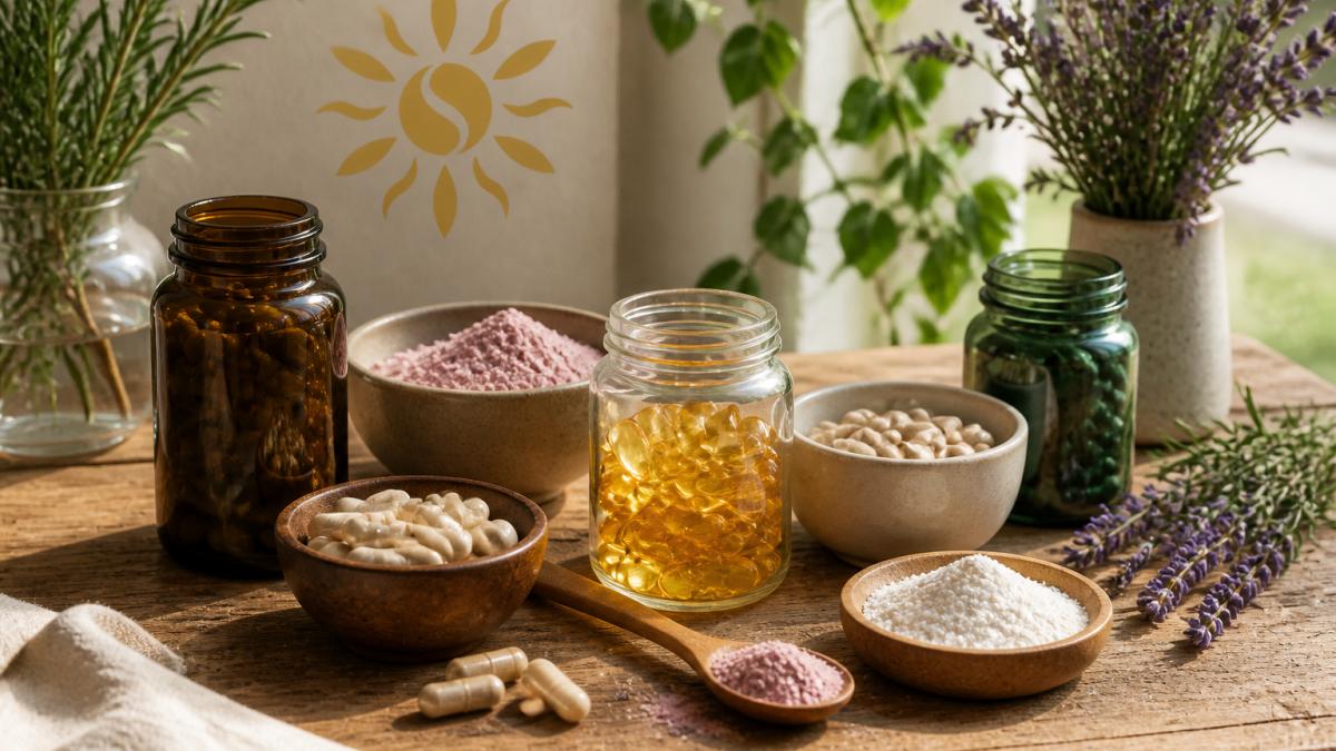 Assortment of supplement bottles, capsules, and powders arranged on a natural wooden surface with fresh botanicals like rosemary and lavender, soft natural lighting