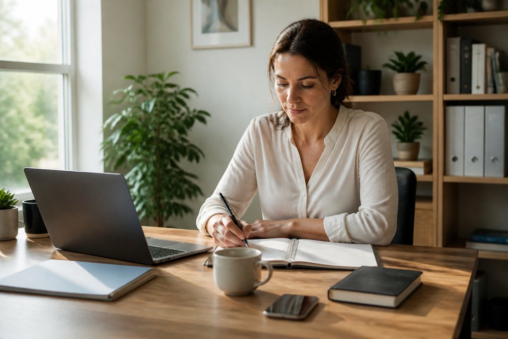 Busy professional sitting at home desk with laptop, notebook, and coffee, natural daylight streaming through window, looking focused and organised