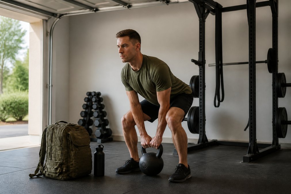 Beginner performing a kettlebell deadlift in a garage gym to build tactical strength with a rucksack nearby.